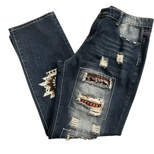 Distressed Unique Patchwork Bootcut Western jeans with Horse and Aztec Pattern